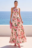Robe longue en chiffon plissé à motifs floraux à col nu noir