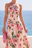 Robe longue en chiffon plissé à motifs floraux à col nu noir