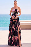 Robe maskini en chiffon sans bretelles à motifs floraux noirs à volants, fête