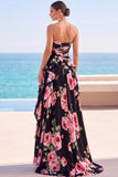 Robe maskini en chiffon sans bretelles à motifs floraux noirs à volants, fête