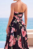 Robe maskini en chiffon sans bretelles à motifs floraux noirs à volants, fête