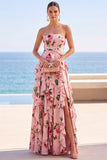 Robe maskini en chiffon sans bretelles à motifs floraux noirs à volants, fête