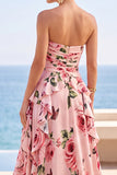 Robe maskini en chiffon sans bretelles à motifs floraux noirs à volants, fête
