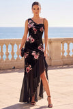 Robe longue longue noire asymétrique à une épaule en velours Florla à ourlet à volants