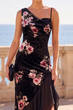 Robe longue longue noire asymétrique à une épaule en velours Florla à ourlet à volants