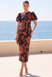Robe midi bodycon fleurie à col rond noire avec manches courtes bouffantes