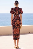 Robe midi bodycon fleurie à col rond noire avec manches courtes bouffantes