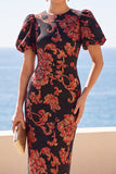 Robe midi bodycon fleurie à col rond noire avec manches courtes bouffantes