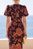 Robe midi bodycon fleurie à col rond noire avec manches courtes bouffantes