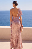 Robe Maxi à paillettes froncées à paillettes rose poussiéreuse et scintillante avec fente à volants