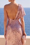 Robe Maxi à paillettes froncées à paillettes rose poussiéreuse et scintillante avec fente à volants