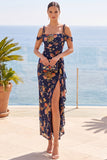 Robe maskini fleurie bleu marine à épaules froides avec fente latérale à volants