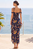 Robe maskini fleurie bleu marine à épaules froides avec fente latérale à volants