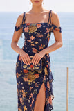 Robe maskini fleurie bleu marine à épaules froides avec fente latérale à volants