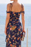 Robe maskini fleurie bleu marine à épaules froides avec fente latérale à volants