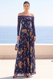 Bleu marine Illusion Broderie florale à épaules dénudées, robe maxi froncée à manches longues