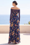 Bleu marine Illusion Broderie florale à épaules dénudées, robe maxi froncée à manches longues