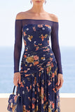 Bleu marine Illusion Broderie florale à épaules dénudées, robe maxi froncée à manches longues