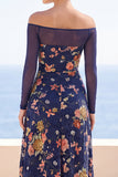 Bleu marine Illusion Broderie florale à épaules dénudées, robe maxi froncée à manches longues