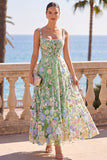 Corset vert à col carré 3D Fleur Appliques A-Line Robe Midi