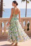 Corset vert à col carré 3D Fleur Appliques A-Line Robe Midi