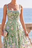 Corset vert à col carré 3D Fleur Appliques A-Line Robe Midi