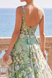 Corset vert à col carré 3D Fleur Appliques A-Line Robe Midi