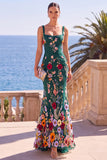 Robe Maxi à sirène à broderie fleurie vert foncé à col carré avec appliqués en 3D