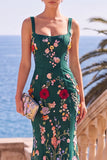 Robe Maxi à sirène à broderie fleurie vert foncé à col carré avec appliqués en 3D