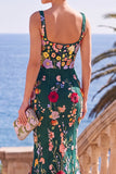 Robe Maxi à sirène à broderie fleurie vert foncé à col carré avec appliqués en 3D