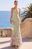 Robe Maxi à sirène à broderie fleurie vert foncé à col carré avec appliqués en 3D