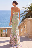 Robe Maxi à sirène à broderie fleurie vert foncé à col carré avec appliqués en 3D