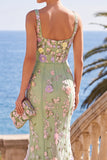 Robe Maxi à sirène à broderie fleurie vert foncé à col carré avec appliqués en 3D