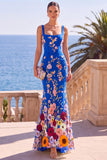 Robe Maxi à sirène à broderie fleurie vert foncé à col carré avec appliqués en 3D