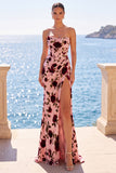 Robe maxi maxi, anneau sans bretelles à fleur rose, rouge et fourre, corset rose rouge
