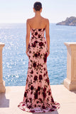 Robe maxi maxi, anneau sans bretelles à fleur rose, rouge et fourre, corset rose rouge