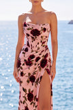 Robe maxi maxi, anneau sans bretelles à fleur rose, rouge et fourre, corset rose rouge