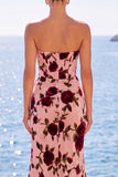 Robe maxi maxi, anneau sans bretelles à fleur rose, rouge et fourre, corset rose rouge