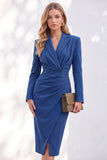 Bleue midi à revers crantés, robe de travail froncée avec fente latérale