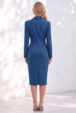 Bleue midi à revers crantés, robe de travail froncée avec fente latérale