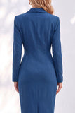 Bleue midi à revers crantés, robe de travail froncée avec fente latérale