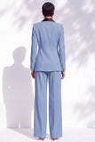 Bleu ajusté à col châle avec fleurs 3D, costume de cérémonie deux pièces avec pantalon