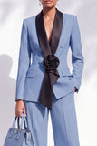 Bleu ajusté à col châle avec fleurs 3D, costume de cérémonie deux pièces avec pantalon