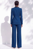 Bleu ajusté à col châle avec fleurs 3D, costume de cérémonie deux pièces avec pantalon