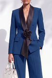 Bleu ajusté à col châle avec fleurs 3D, costume de cérémonie deux pièces avec pantalon