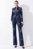 Costumes féminins à col mandarin ajusté bleu foncé en fleur Jacquard avec poches