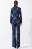 Costumes féminins à col mandarin ajusté bleu foncé en fleur Jacquard avec poches