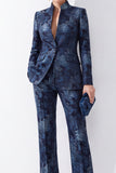 Costumes féminins à col mandarin ajusté bleu foncé en fleur Jacquard avec poches