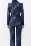 Costumes féminins à col mandarin ajusté bleu foncé en fleur Jacquard avec poches
