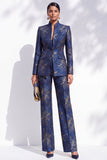 Costumes féminins à col mandarin ajusté bleu foncé en fleur Jacquard avec poches